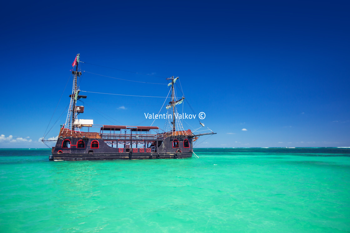 "A replica of an old ship in the Caribbean sea near Punta Cana" stock image