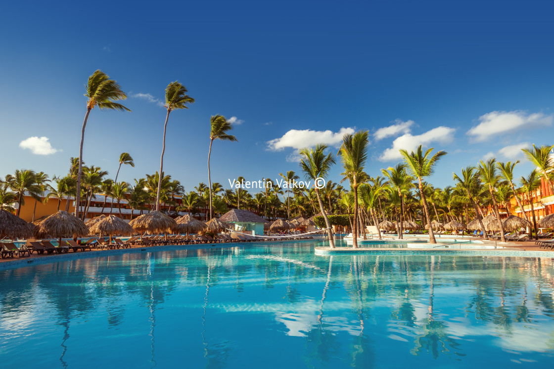 "Beautiful swimming pool in tropical resort , Punta Cana, Dominic" stock image