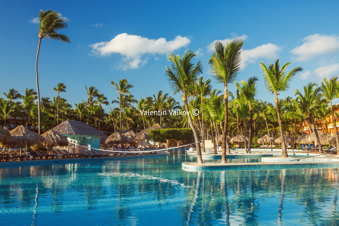 "Beautiful swimming pool in tropical resort , Punta Cana, Dominic" stock image