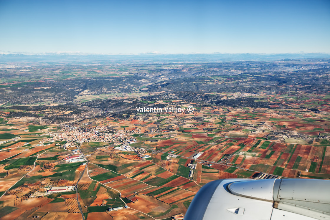 "Farmed fields aerial view from airplane near Madrid, Spain" stock image