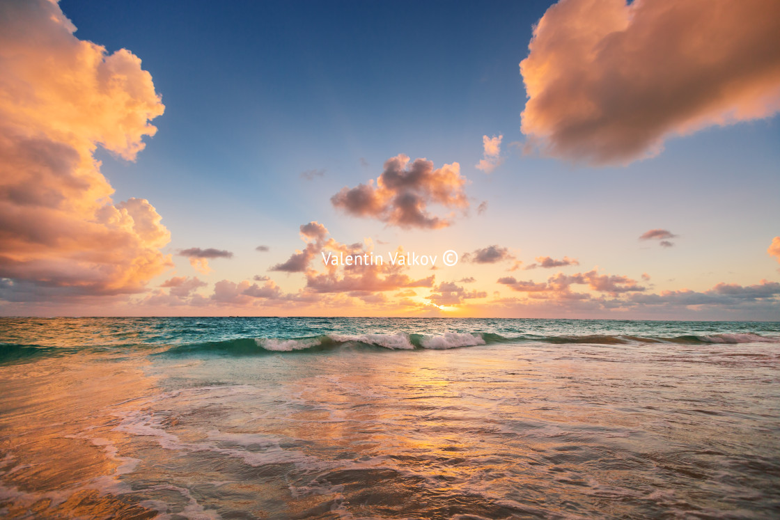 "Sunrise on the beach of Caribbean sea" stock image