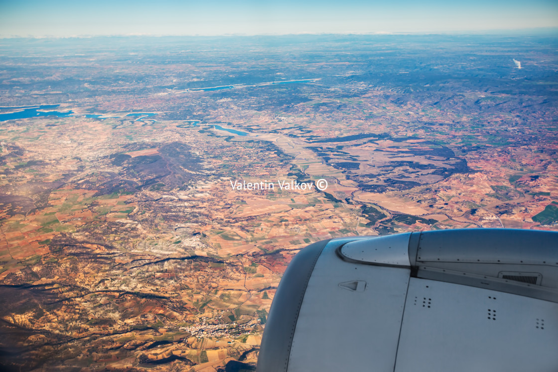 "Farmed fields aerial view from airplane near Madrid, Spain" stock image