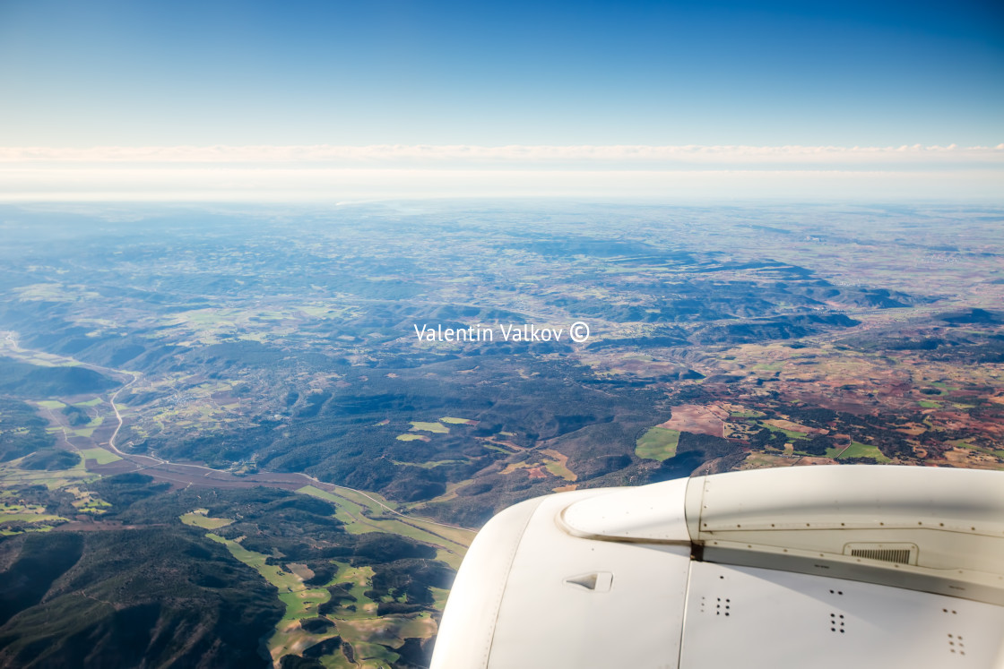 "Farmed fields aerial view from airplane near Madrid, Spain" stock image