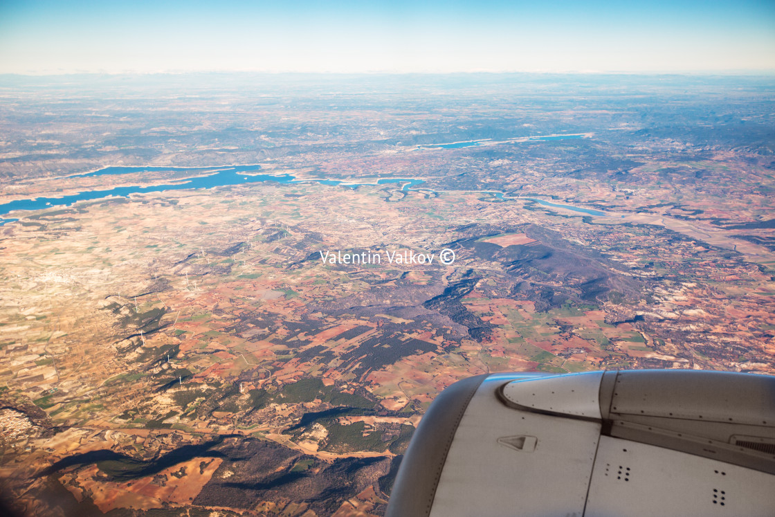 "Farmed fields aerial view from airplane near Madrid, Spain" stock image