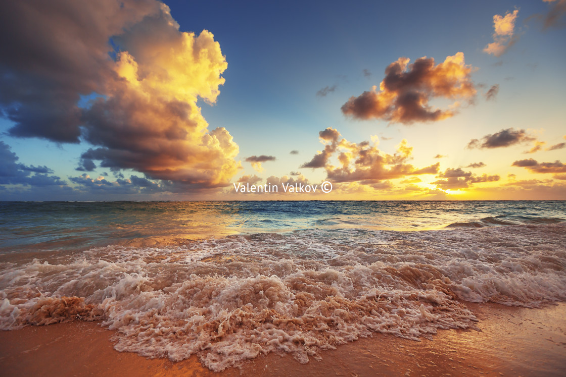 "Sunrise on the beach of Caribbean sea" stock image