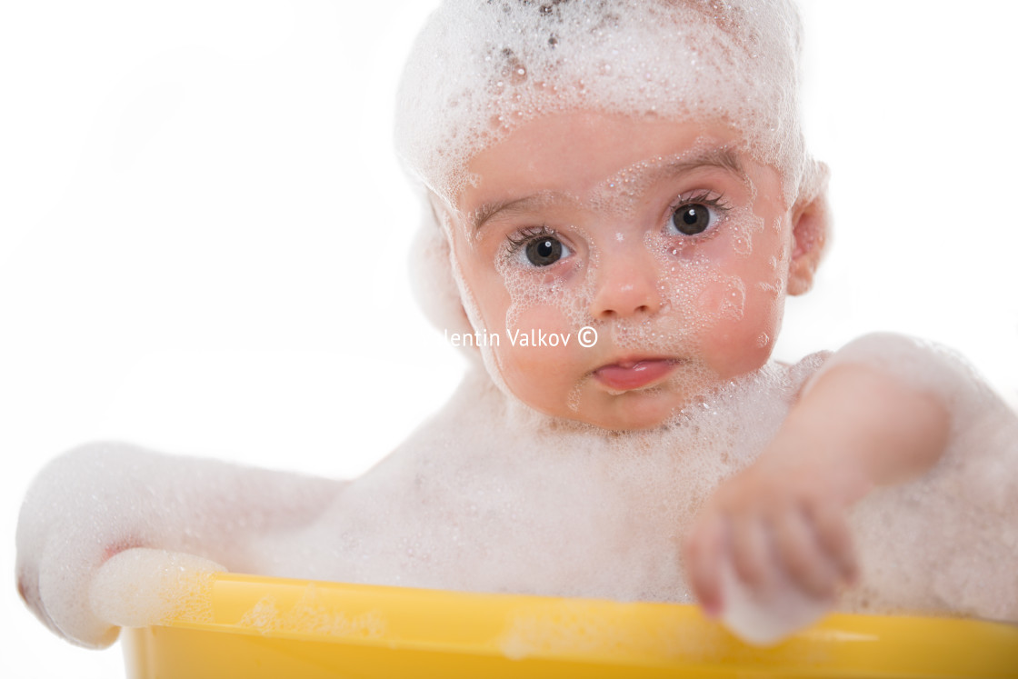 "Adorable bath baby boy with soap suds on hair" stock image