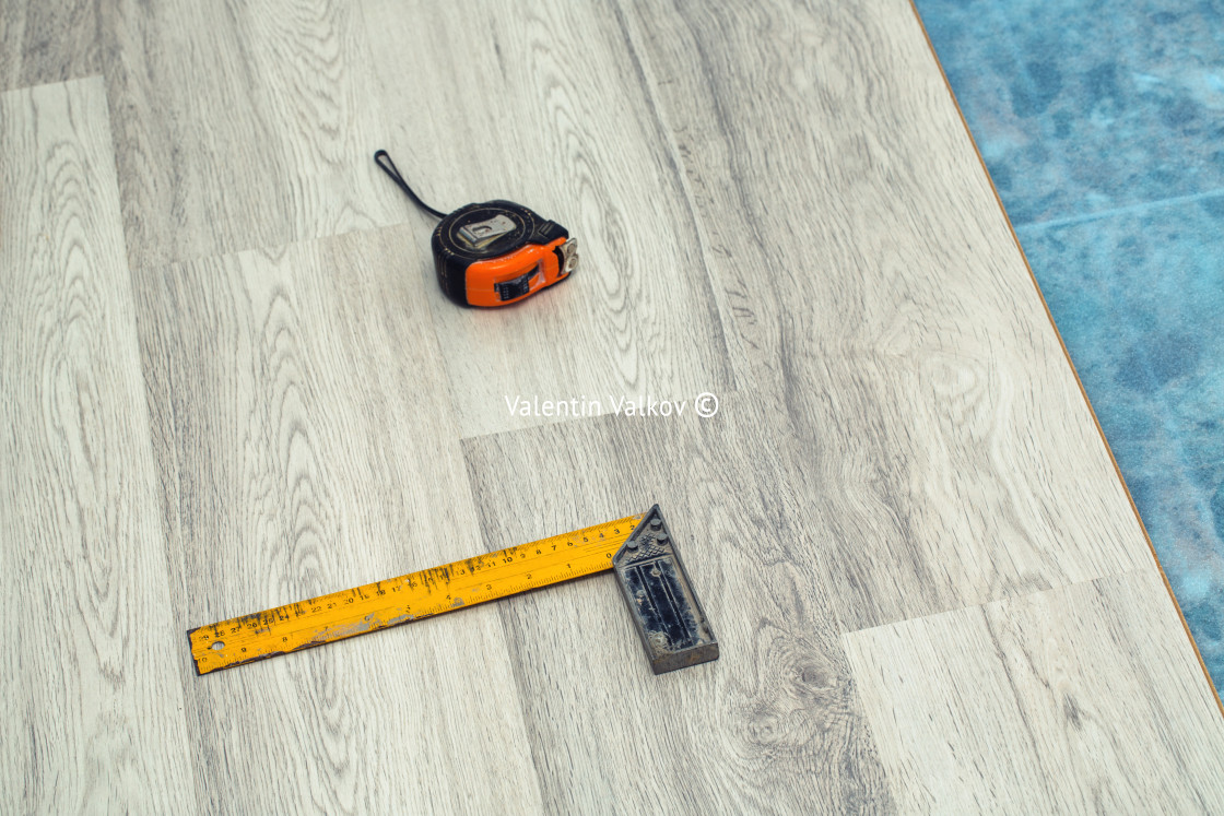 "Wood flooring installation and tools" stock image