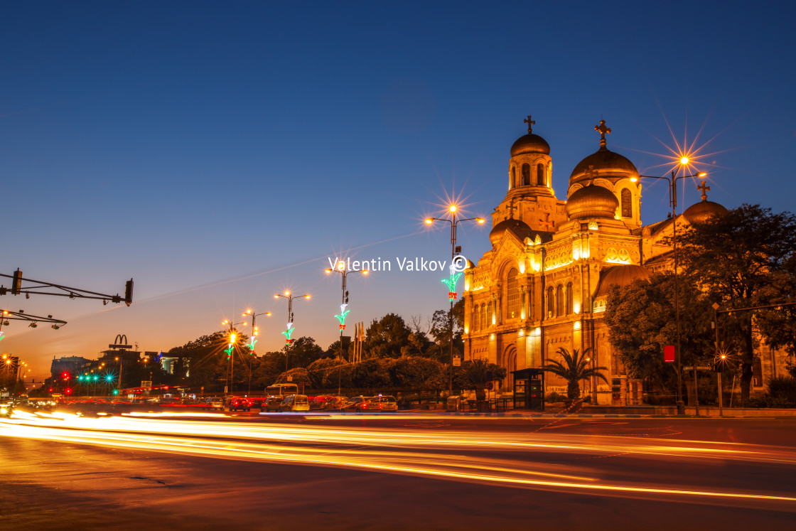 "The Assumption Cathedral, Varna, Bulgaria. Illuminated at night." stock image