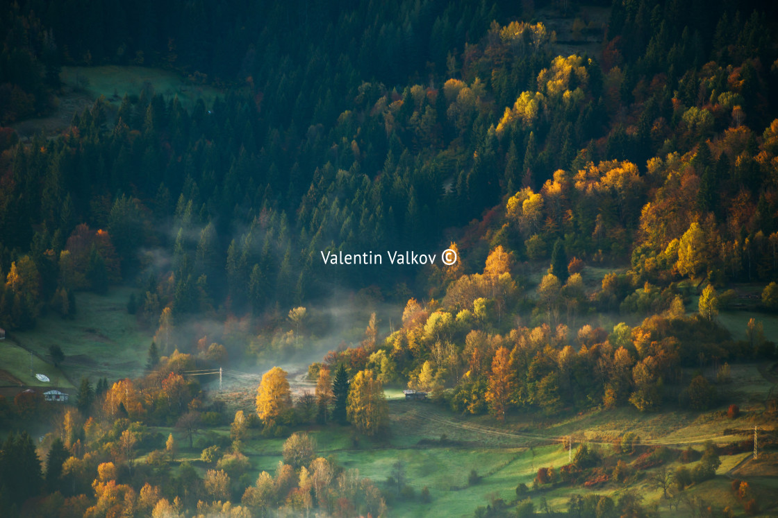 "View of misty fog mountains in autumn" stock image