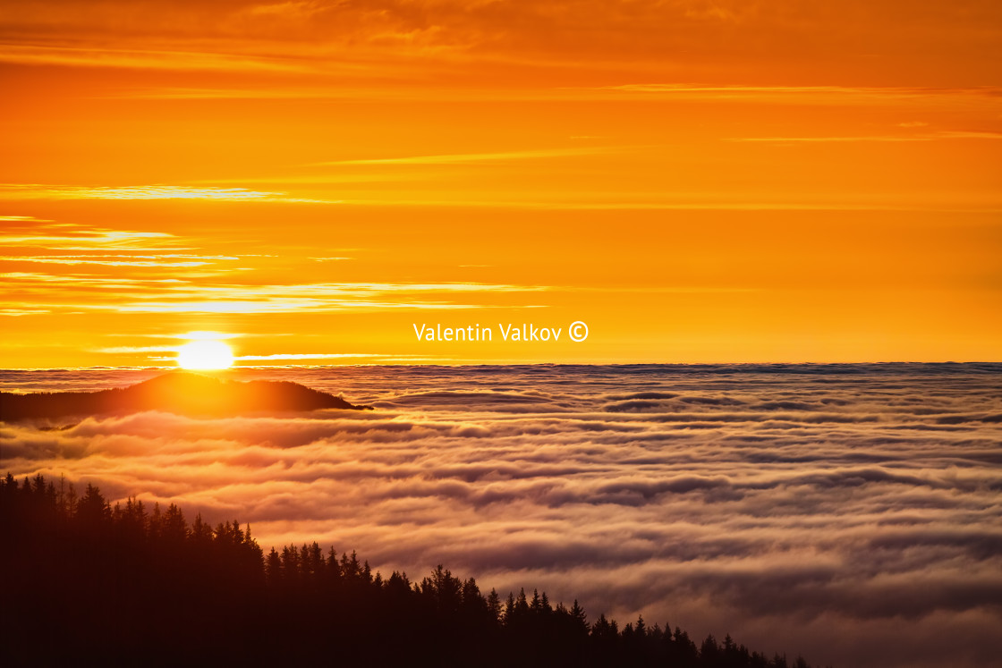 "Aerial view of Sunrise over mountain and fog" stock image