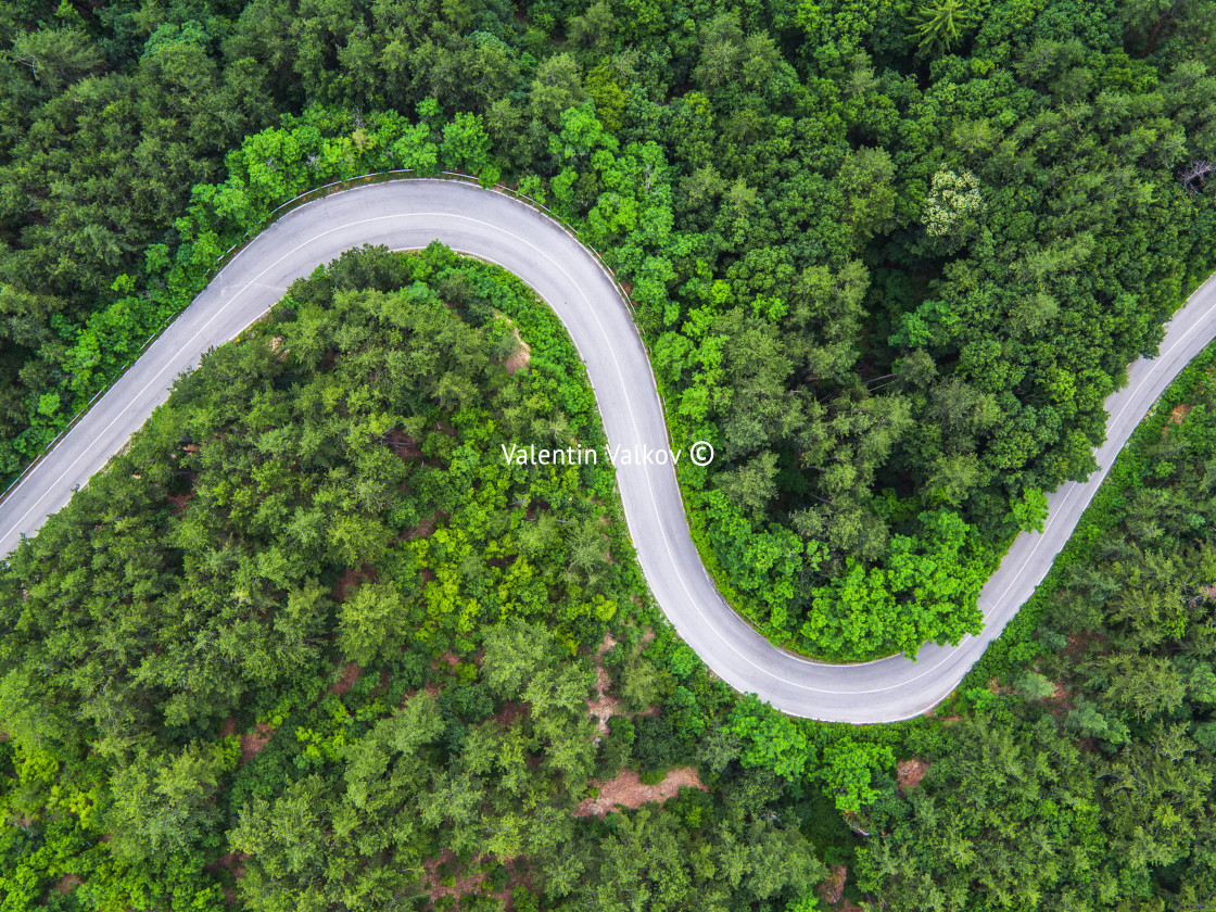 "Aerial view over mountain road" stock image