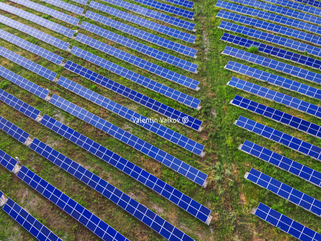 "Power plant using renewable solar energy with sun" stock image