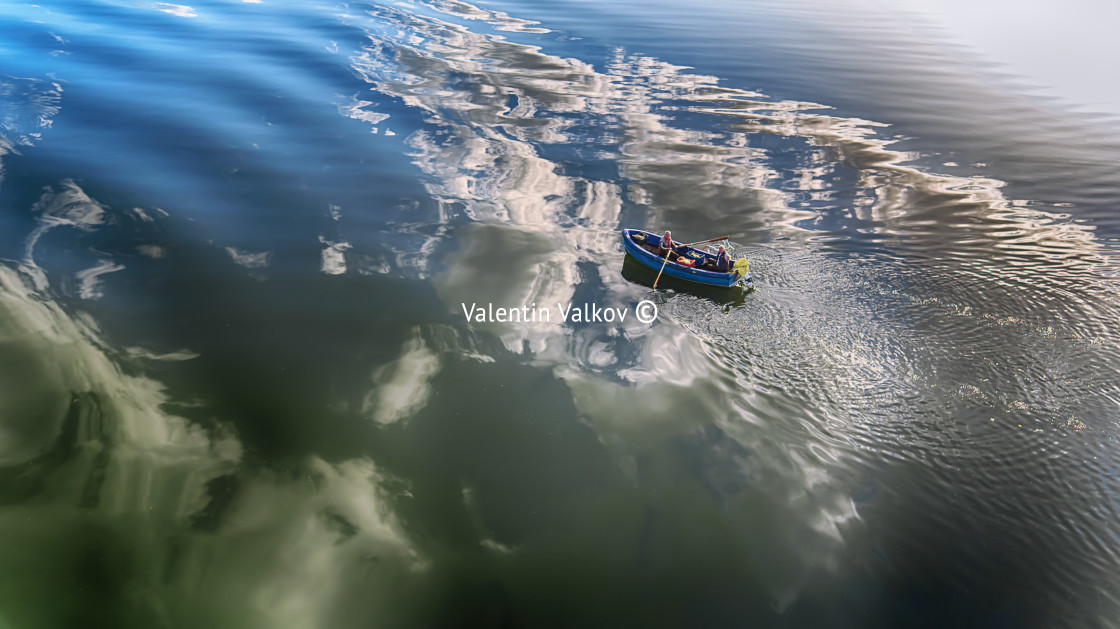 "Aerial view of a wooden boat in the lake" stock image