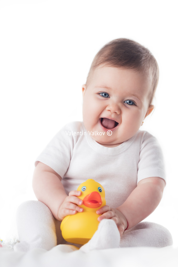 "Adorable baby girl portrait on white background" stock image