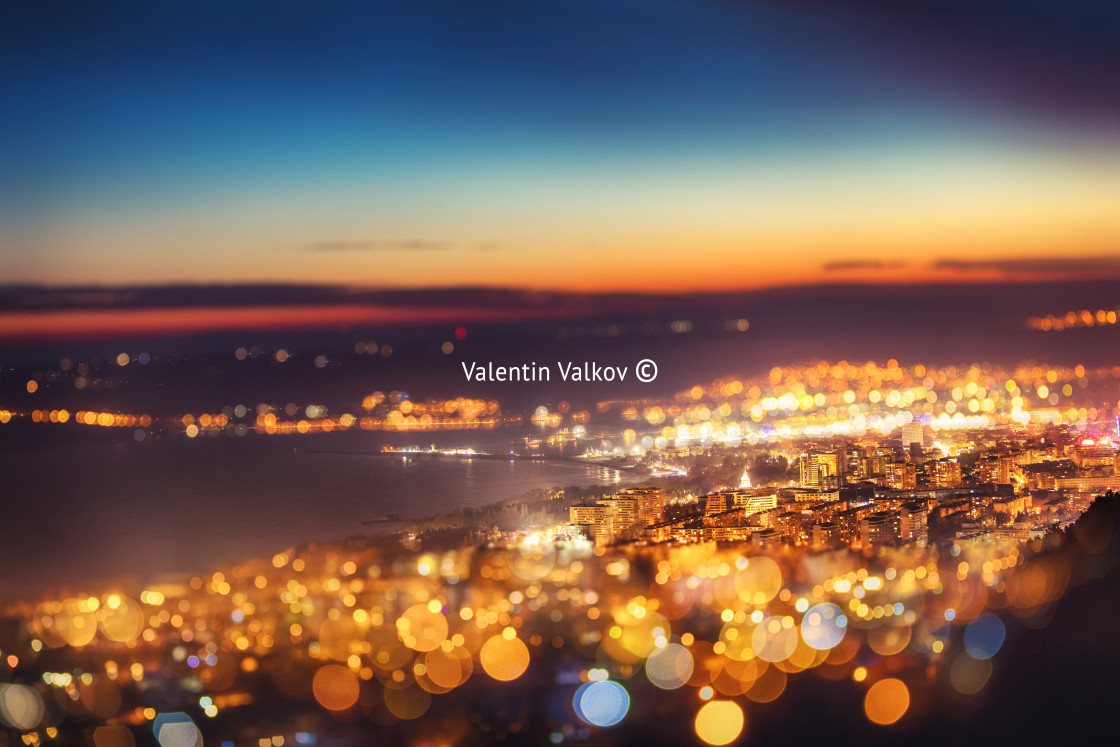 "Tilt shift blur effect. Night aerial view panorama of Varna Town" stock image