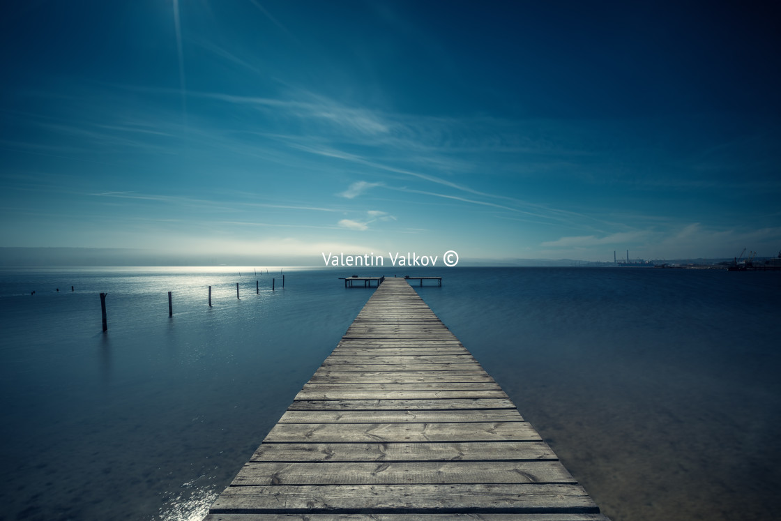 "Beautiful morning over wooden pier" stock image