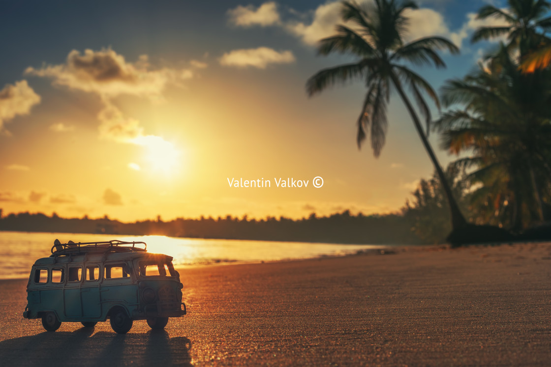 "Vintage miniature van on the tropical beach at sunrise" stock image