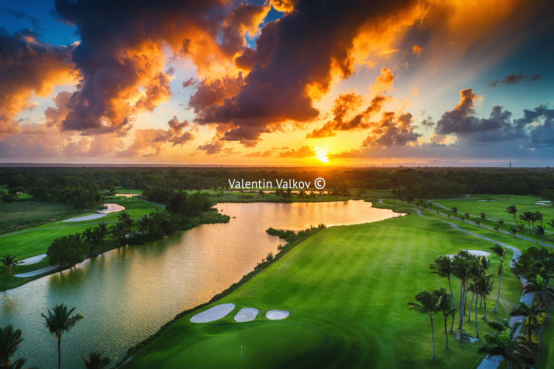 "Aerial view of tropical golf course at sunset, Dominican Republi" stock image