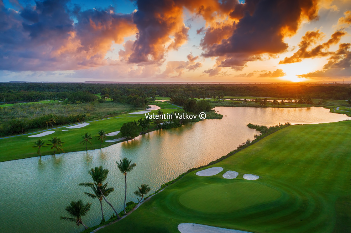 "Aerial view of tropical golf course at sunset, Dominican Republi" stock image