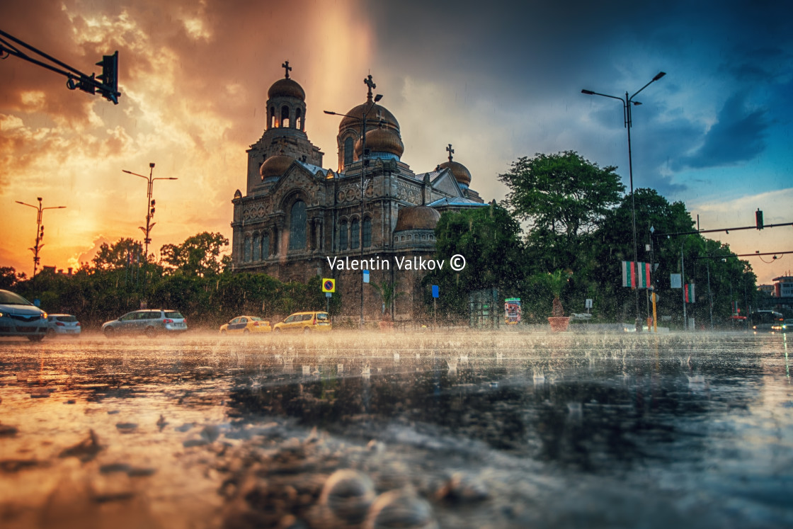 "The Cathedral of the Assumption in Varna and the street traffic." stock image