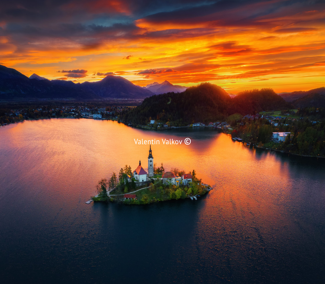 "Aerial view of church of Assumption in Lake Bled, Slovenia" stock image