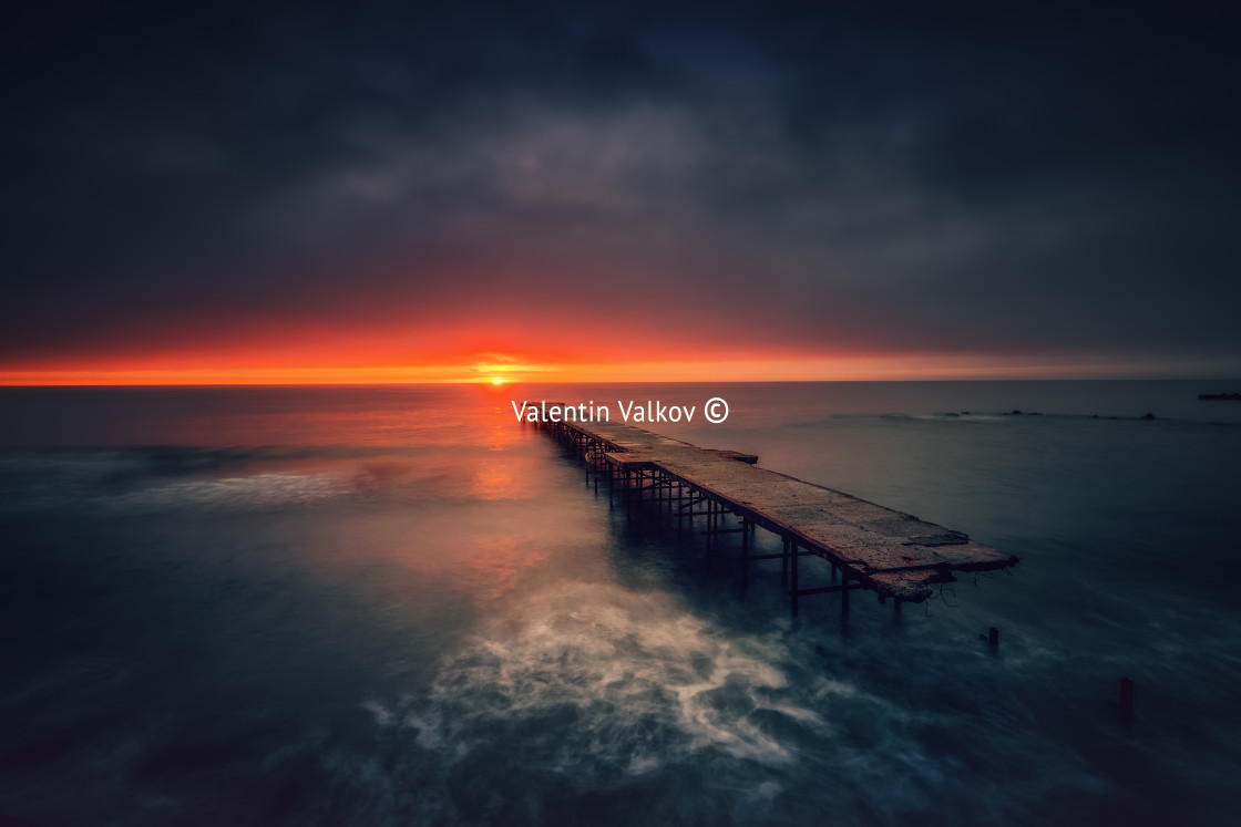 "Old broken bridge in the sea, long exposure" stock image