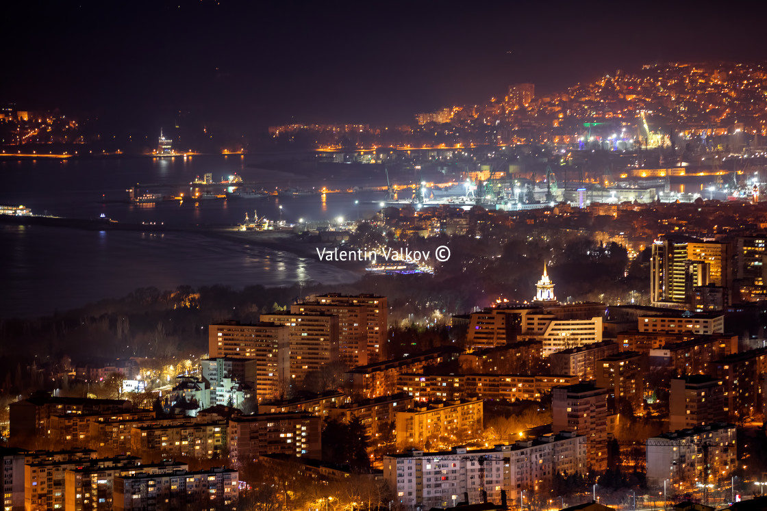 "Night aerial view panorama of Varna Town" stock image