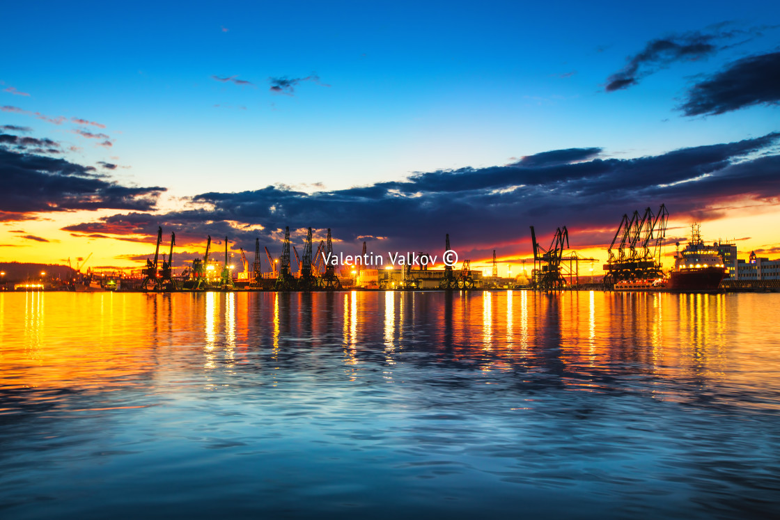 "Sunset over sea port and industrial cranes, Varna" stock image