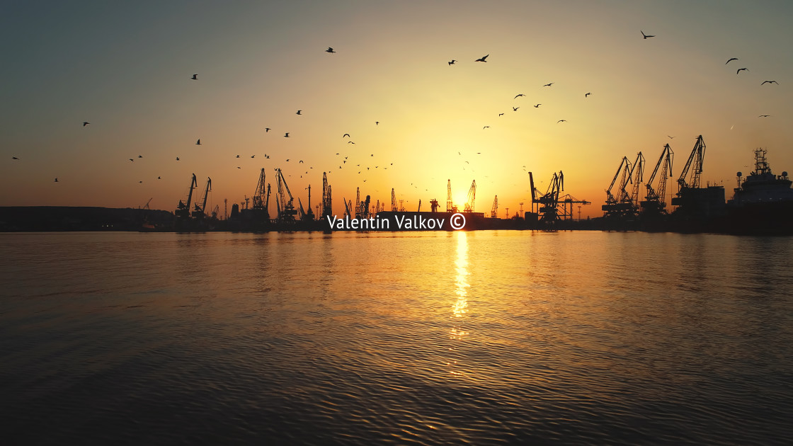 "Aerial view of Varna sea port and industrial cranes, Bulgaria." stock image