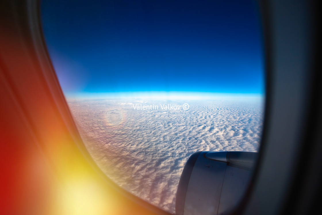 "Flying above the clouds. view from the airplane" stock image