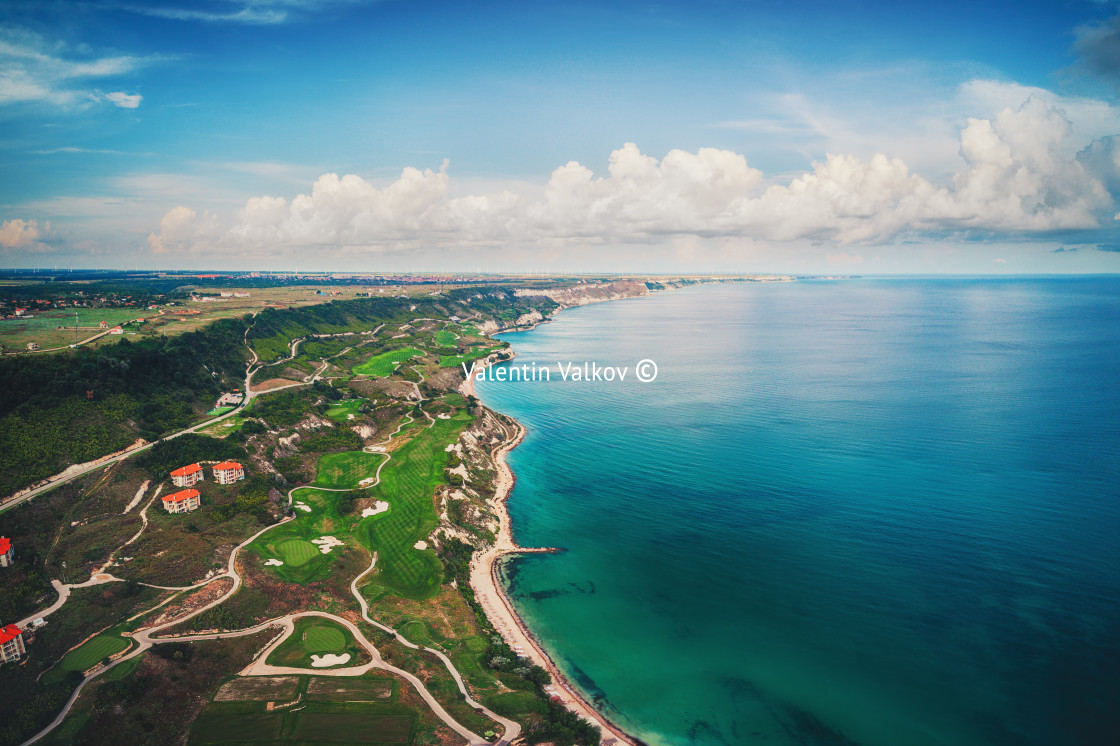 "Aerial drone view of a golf course next to the cliffs and Black" stock image