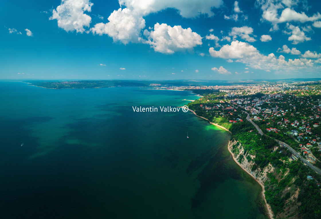 "Aerial drone view of sea and coast above Varna, Bulgaria. Beautiful summer day." stock image
