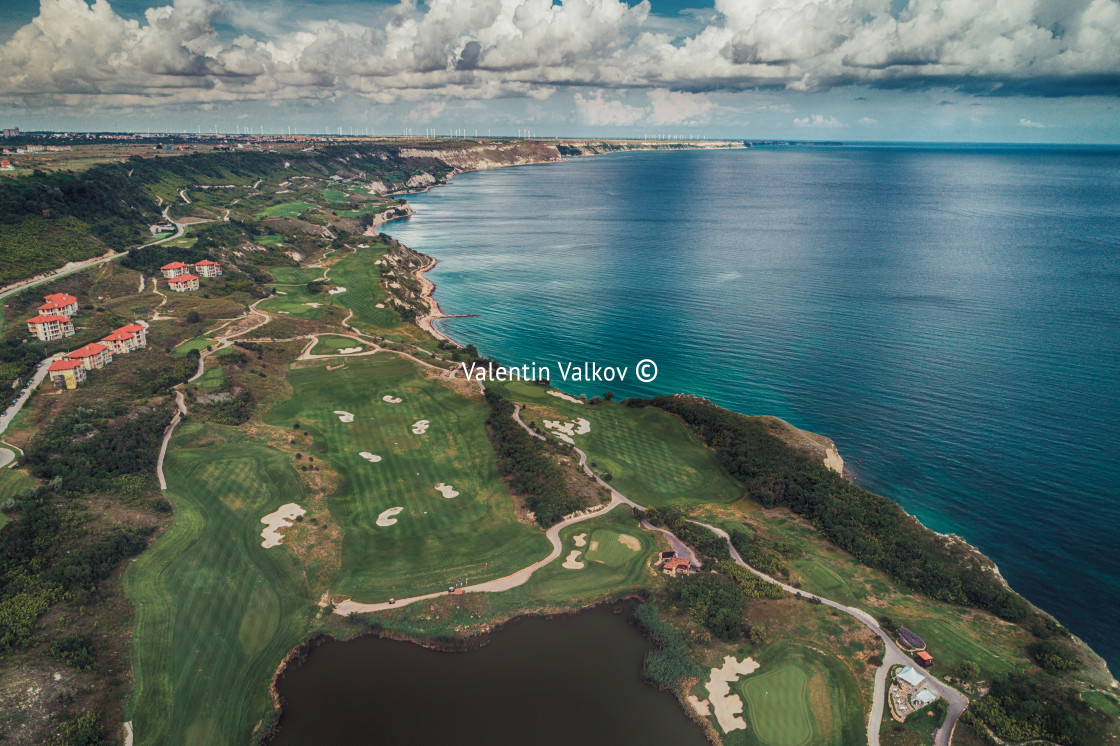 "Aerial panoramic view of a golf course next to the cliffs and Bl" stock image