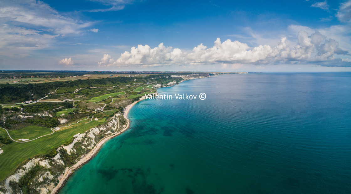 "Aerial drone view of a golf course next to the cliffs and Black" stock image