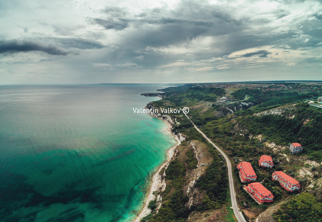 "Panoramic view over golf fields next to the sea cliffs, aerial d" stock image