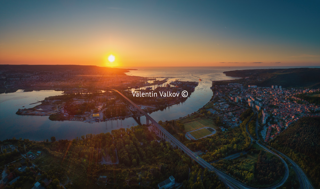 "Aerial panorama drone view of Asparuhov bridge and Varna city, B" stock image