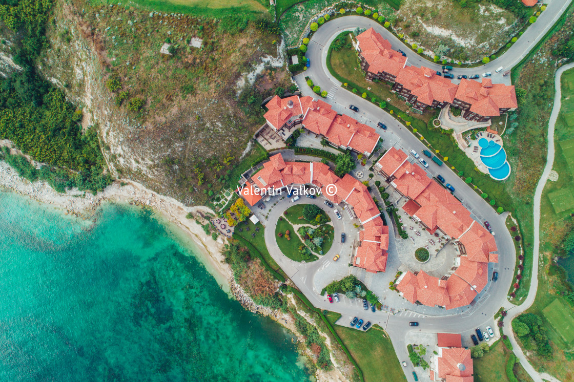 "Aerial view of swimming pool and green garden in the beautiful r" stock image