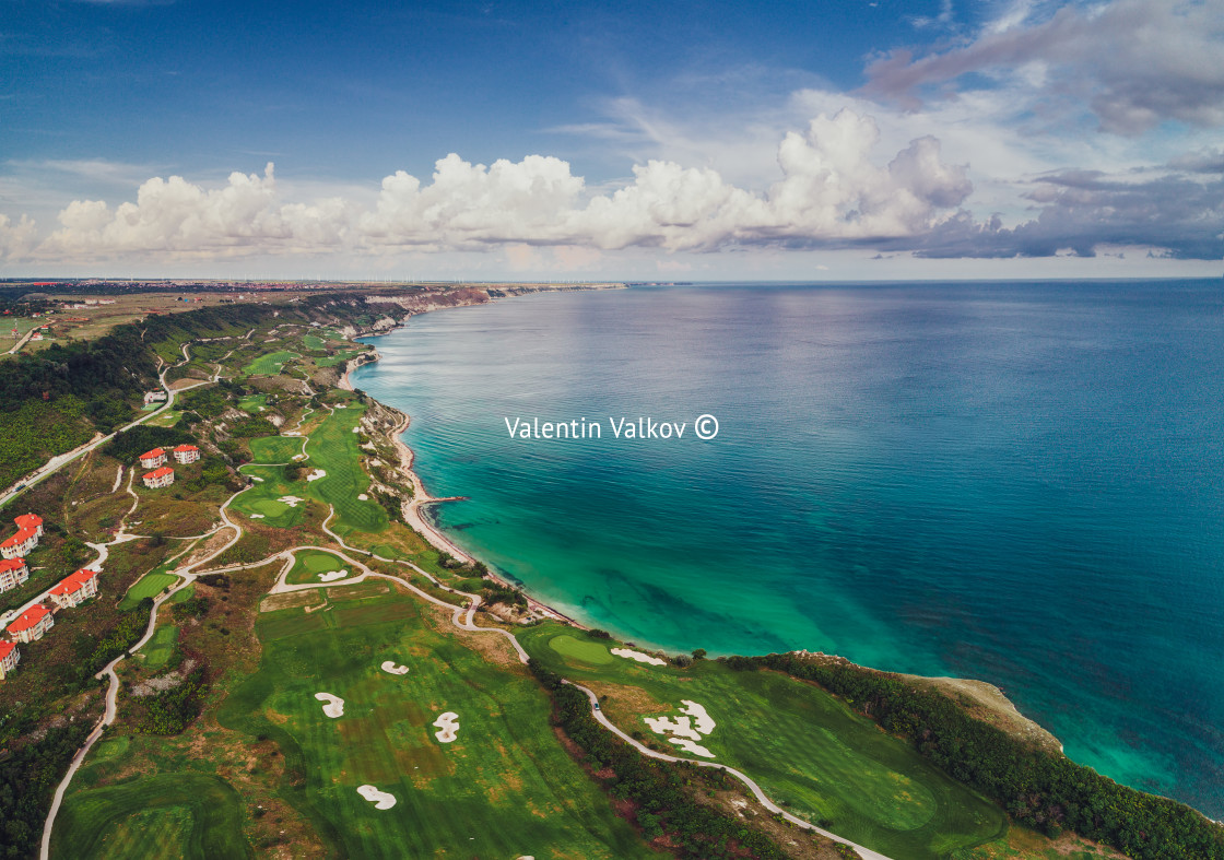 "Aerial panoramic view of a golf course next to the cliffs and Bl" stock image