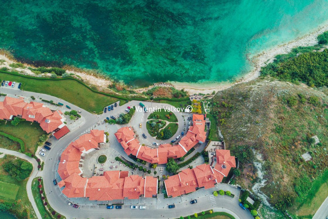 "Aerial view of swimming pool and green garden in the beautiful r" stock image