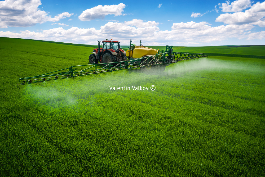 "Aerial view of farming tractor plowing and spraying on field" stock image