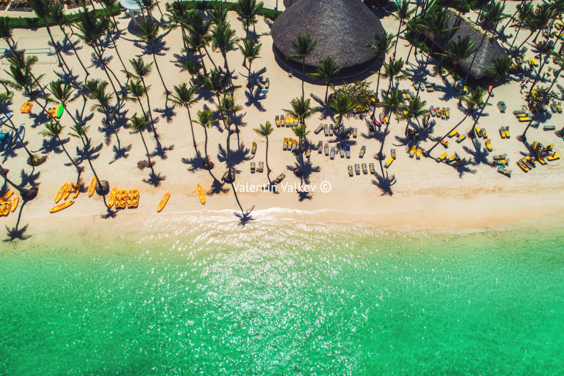 "Island beach in Caribbean resort, Bavaro, Dominican Republic. Su" stock image