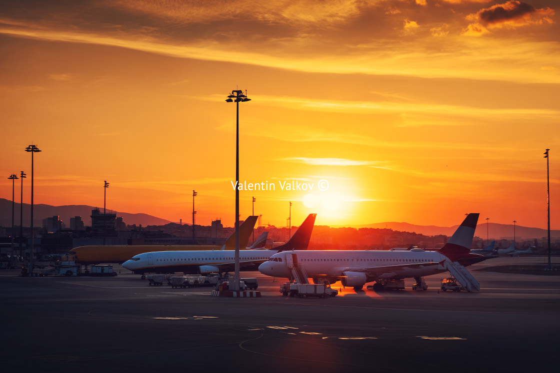 "Sunset view of the airport and airplane" stock image