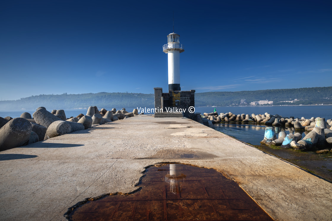 "Sea lighthouse at sunrise in Varna, Bulgaria" stock image