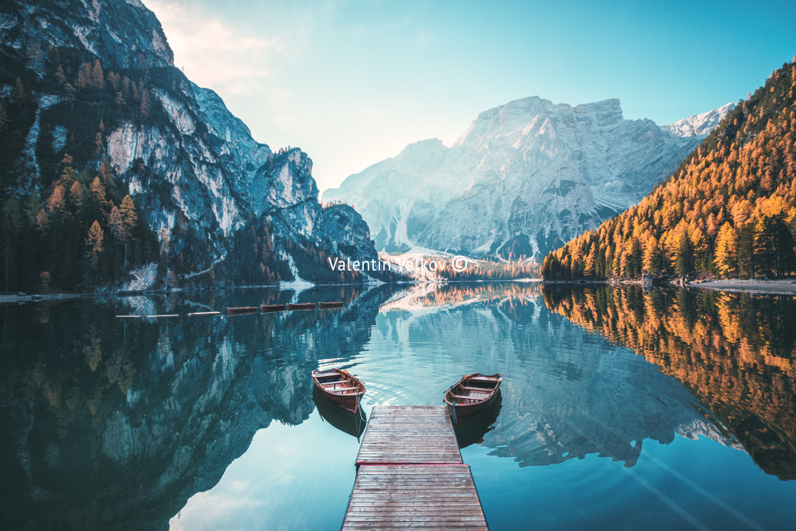 "Boats on the Braies Lake ( Pragser Wildsee ) in Dolomites mounta" stock image