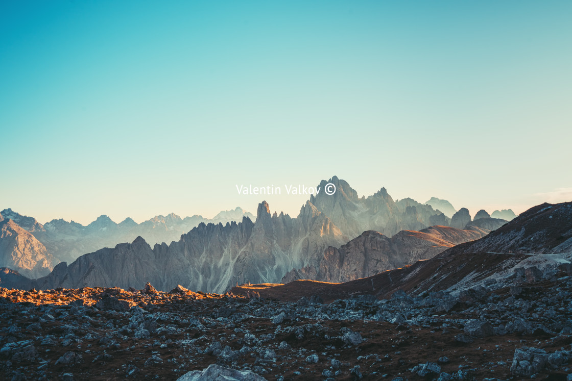 "Dolomites Alps rocky mountain range at Tre Cime Di Lavaredo" stock image