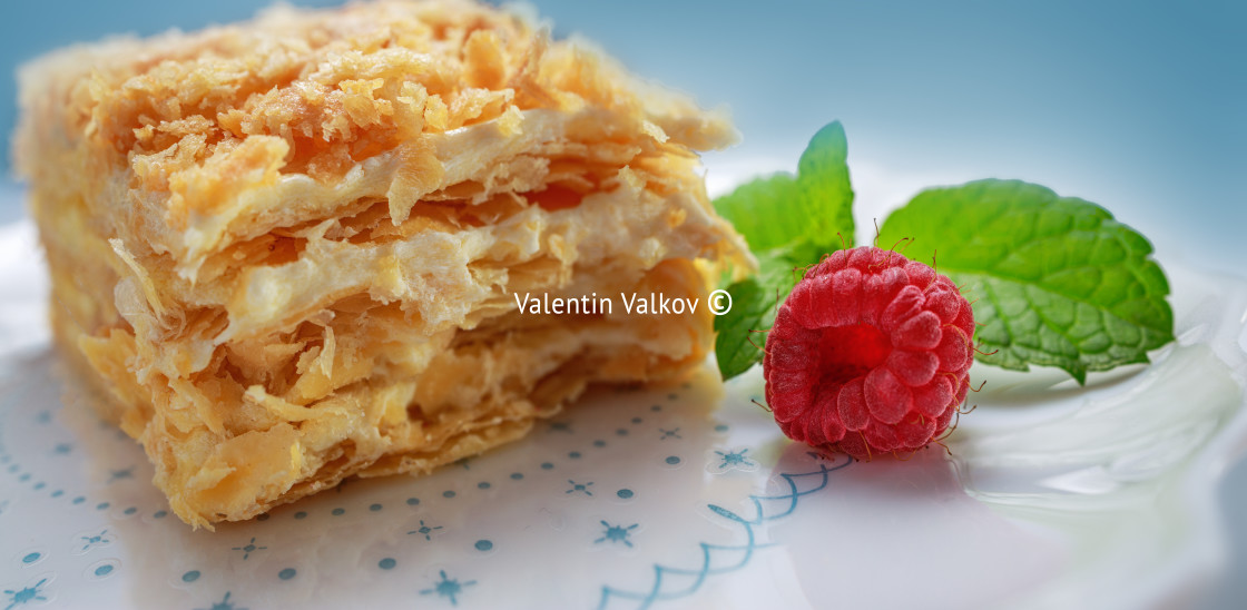 "Napoleon cake with vanilla milk cream on a plate isolated" stock image