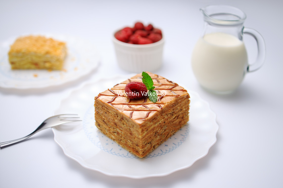 "Cake piece with nuts, chocolate, biscuits and caramel cream on w" stock image