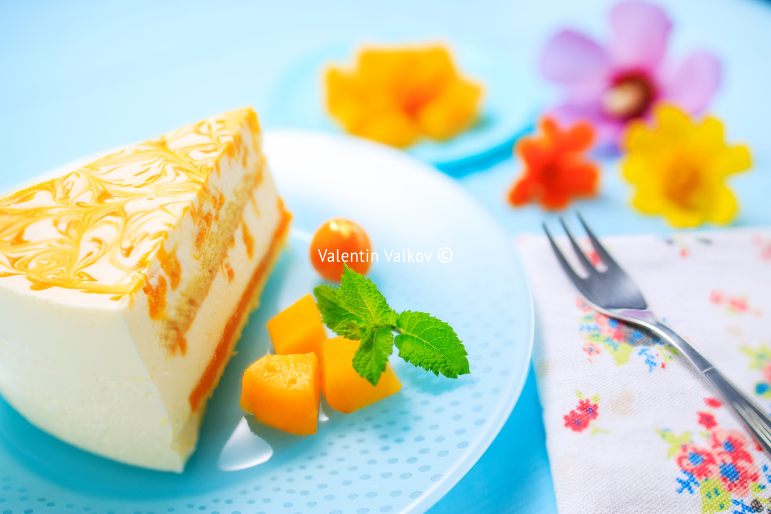 "Mousse cake with mango puree and cream" stock image