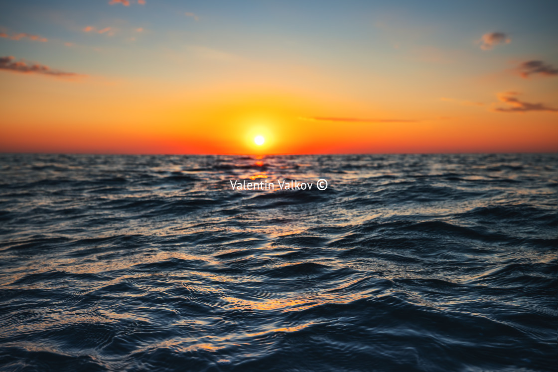 "Sea wave close up, low angle view, sunrsie shot" stock image