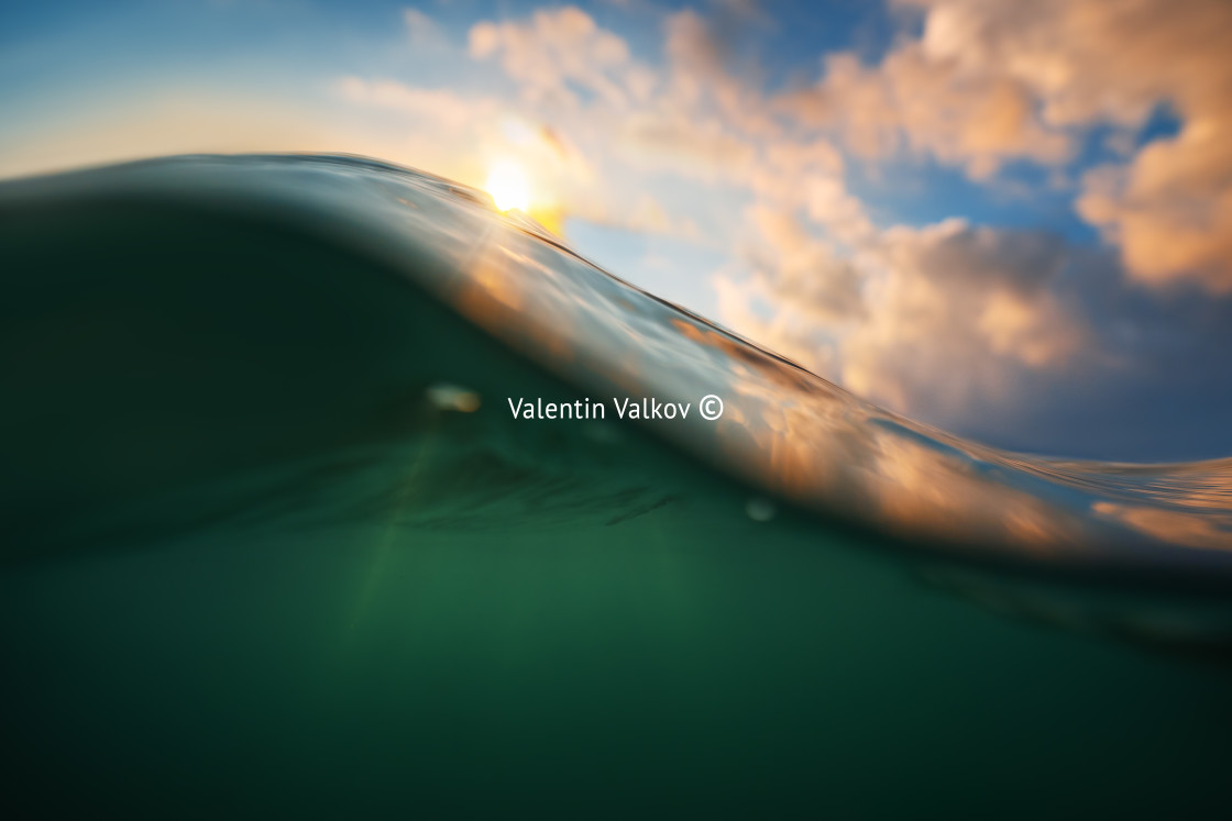 "Sea wave close up, low angle view, sunrsie shot" stock image